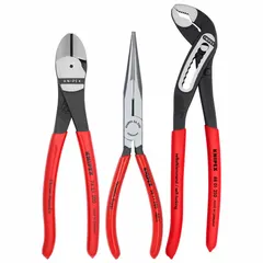 This 3-piece general-purpose plier set includes an 8 in high leverage diagonal cutting plier and a tongue & groove plier, both with knurled grips for manual operation. The pliers range is 2-5. Supplied in a plastic pack, suitable for cutting, gripping, and turning tasks in maintenance and repair work.