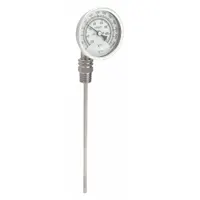 This dial thermometer features a 3-inch dial and 9-inch stem, with a fixed-angle thread-mount design for side or bottom installation. It measures temperatures from 0°F to 250°F and -20°C to 120°C, with accuracy of ±1% from 41°F to 200°F and ±1.5% otherwise. Suitable for industrial piping, HVAC, and plumbing applications requiring local temperature readouts