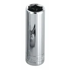 This 1/2" drive hand socket features a 3/4" SAE hex size with a 6-point, deep configuration for accessing recessed fasteners and long bolts. Constructed from chrome, it is suited for general automotive, industrial, and mechanical tasks requiring high torque and clearance.