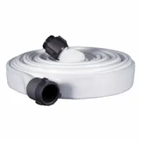 Single-jacket attack fire hose with 1 1/2 in inside diameter and 100 ft length. White cover. Equipped with NST x NH aluminum couplings featuring Rocker lug design. Used for firefighting attack lines, supplying water from hydrant or pumper to nozzle in interior and exterior fire suppression
