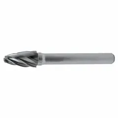 Ball-nosed tree carbide bur with aluminum-cut geometry for material removal in aluminum and non-ferrous metals. Head measures 5/8" x 1", shank is 1/4". Trade number SF-6. Used for deburring, shaping, and finishing in machining and fabrication.