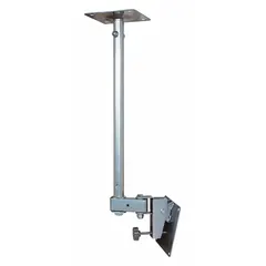 This full-motion ceiling mount accommodates 10 to 23 inch screens weighing up to 25 lb. Constructed from powder-coated steel with a silver finish, it provides 20° downward tilt and full articulation. Mounting hardware is included for installation.