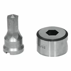 Punching die set for producing 3/8-inch hex-shaped holes in metal workpieces. Compatible with 55-ton, 65-ton, 100-ton, and 120-ton ironworker sizes. Used in structural steel fabrication and metalworking applications.