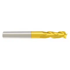 This carbide square end mill features a titanium nitride (TiN) coating to reduce friction and heat during machining. With a 3/4" mill diameter, 1-1/2" length of cut, and 3 flutes, it is suited for general-purpose milling of metals and composites in industrial manufacturing and tool-and-die applications.