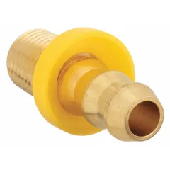This brass push-on hose fitting is designed for air, water, and chemical applications. It features a male x male, rigid, straight configuration with a hose barb on one end and NPT threads on the other. The 3/8 in x 1/4 in fitting size allows connection of hose to pipe or equipment in industrial fluid handling systems.
