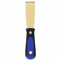 This standard scraper features a stiff, tapered blade made of brass, suitable for removing paint, adhesive, gaskets, and other buildup from surfaces. The handle is constructed from polypropylene/TPR for a secure grip. Commonly used in maintenance, construction, and automotive tasks where a non-marring blade is required.