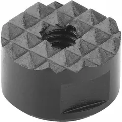 Steel insert with through-hole tapping and a serrated face that resists rotation under torque. Designed for permanent installation in softer materials such as wood, plastic, or aluminum to provide a threaded metal mounting point. Commonly used in jigs, fixtures, and workholding applications requiring secure positioning.