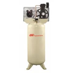 Single-stage, splash-lubricated stationary electric air compressor with a vertical 60-gallon tank. Delivers 15.5 cfm at 135 psi, powered by 230V AC. Suitable for powering pneumatic tools and operating air equipment in workshops and garages.
