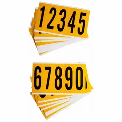 Permanent character set with black Gothic numerals 0 to 9 on a yellow non-reflective background. Designed for indoor/outdoor use. Not self-spacing or aligning. Suitable for custom identification in industrial facilities.