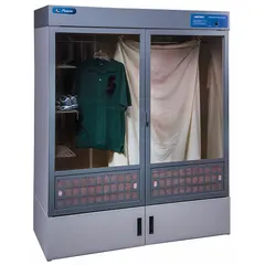 Steel evidence drying cabinet with epoxy-coated finish, 5 ft overall width and 28 in overall depth. Designed for protecting personnel from biohazards during drying of evidence. Base/stand and work surface not included.