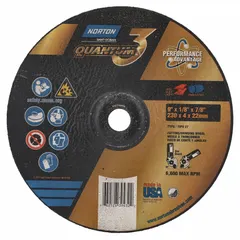 This depressed center wheel is designed for grinding and blending on carbon and stainless steel. The ceramic Quantum 3 SG abrasive with 24 grit provides fast material removal and a consistent finish. Typical applications include metal fabrication and maintenance tasks.