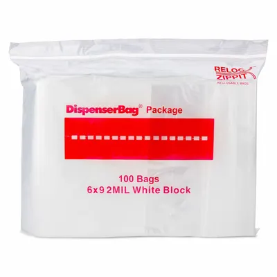 RELOC ZIPPIT Reclosable Bag: 2 mil Thick, 6 in Wd, 9 in Lg, Hang Hole Not Included - White Block Reclosable Poly Bags