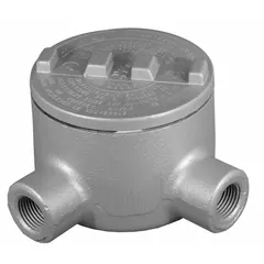 Iron L-shaped conduit outlet body with 2-inch trade size and 76 cubic inch capacity. Features threaded female hubs, round back, triple-coat epoxy finish, includes O-ring and cover. UL Listed for hazardous locations: Class I, Div. 1 & 2, Groups B, C, D; Class II, Div. 1 & 2, Groups E, F, G; Class III. For use with threaded IMC.