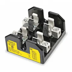 Open block design fuse holder for UL Class T fuses. Rated 600 V AC, 2 poles, with screw-type terminals. Non-indicating. Used in power distribution, panelboards, and control circuits for branch circuit protection and high-current equipment.