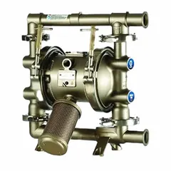 Air-operated double-diaphragm pump with 1 1/2 in Tri-Clamp connections, delivering 41 gpm and 276.9 ft maximum head. Stainless steel seat and Santoprene check valve. Suitable for transferring food-grade liquids in processing, dairy, beverage, and pharmaceutical applications.