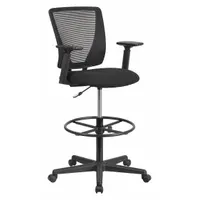 The FLASH FURNITURE Harper drafting chair features a black plastic frame with fabric and mesh material. It has adjustable arms and an 18-inch seat width, with a non-tilting back. Suitable for use at drafting tables and elevated workstations in design and technical settings