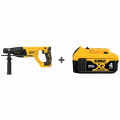This 20V DC cordless rotary hammer features an SDS-Plus chuck and hammer-only operation with an impact rate up to 5,500 bpm and 1.9 ft-lb of impact energy. It includes a 4.0 Ah battery and is suitable for drilling and chipping in concrete, masonry, and stone.
