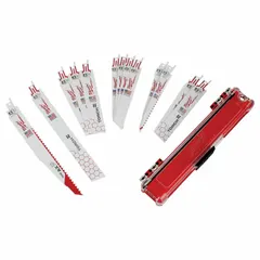 This 13-piece reciprocating saw blade set includes blades ranging from 6 to 9 inches in length, designed for cutting wood. The set is supplied in a hard carrying case for storage and transport. Suitable for demolition, framing, and general construction tasks.