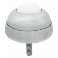 Threaded-stud mount ball transfer with a 1 in diameter nylon ball and 35 lb load capacity. Projection height is 1 3/8 in. Used in material handling systems to provide low-friction omnidirectional movement for packages, pallets, or workpieces on conveyor lines, assembly stations, and packaging tables