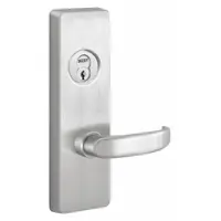 This stainless steel lever-type outside trim is designed for exit push bars on doors up to 36 inches wide. The pull plate style and silver finish suit commercial and industrial applications requiring ADA-compliant egress hardware
