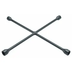 Cross lug wrench with four 6-point SAE wrench heads sized 7/8 in, 15/16 in, 1 in, and 1 1/16 in. Electrostatic paint finish. Designed for removing and installing standard lug nuts on light duty trucks. Leverage bar hole not included.