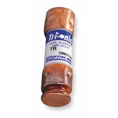 Class RK5 time-delay cylindrical fuse rated 1.4 A at 250 V AC and 250 V DC. Part of the TR-R series, non-indicating design. Accommodates temporary inrush currents to prevent nuisance opening, suitable for protecting circuits in industrial equipment such as motors, transformers, and lighting systems.