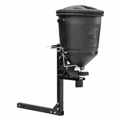 Broadcast tailgate spreader for UTVs, powered by the vehicle battery. Steel and poly hopper with gravity-fed mechanism. Hitch-mounted for distributing salt, sand, or seed over large areas.