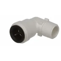 This polysulfone push-to-connect elbow fitting connects 1/2 in OD tubing to a 1/2 in NPT threaded port. The push-to-connect design allows tool-free installation, suitable for pneumatic, water, or low-pressure fluid systems requiring a 90-degree turn