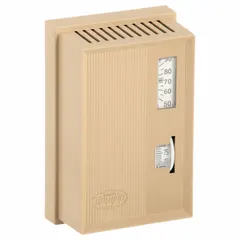Single-temperature pneumatic thermostat with direct action and a temperature control range of 55° to 85°F. Designed for 1 pipe low volume air flow output and vertical mounting, includes cover. Used in HVAC pneumatic control loops for regulating heating or cooling valves.