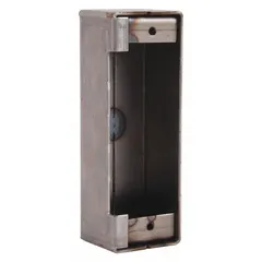 This steel electric strike box is designed for welding into gate frames to provide a secure mounting point for an electric strike. It features one mounting hole and includes the necessary mounting hardware. The unfinished silver steel construction allows for direct welding in commercial or industrial perimeter security applications.