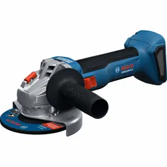This cordless angle grinder features a 4-1/2 in wheel diameter and a brushless motor powered by 18V DC. It is supplied as a tool only, compatible with 3.0 Ah and 5.0 Ah batteries. The grinder includes restart protection and is suited for cutting, grinding, and surface preparation on metal, masonry, and tile.