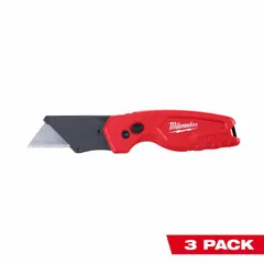 Manually opening utility knife with a steel blade and plastic handle. Includes three blades. Folding design for safe storage. Suitable for cutting cardboard, drywall, strapping, and other common materials in construction, warehousing, and maintenance.