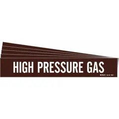 Adhesive pipe marker with brown background and white legend reading 'High Pressure Gas'. Fits pipe outer diameters from 2-1/2 to 7-7/8 inches. Pack of 5 markers without directional arrows. Used to identify high-pressure gas lines in industrial piping systems.