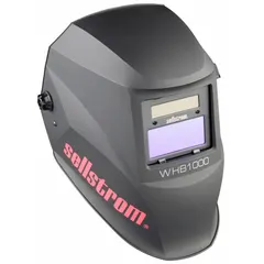 Black nylon auto-darkening welding helmet with analog ADF, 2 arc sensors, and a 3.54 x 1.57 in viewing area. Welding shade range W9 to W13 with grind mode. Ratchet suspension adjustment for secure fit. Suitable for MIG, TIG, and stick welding applications.
