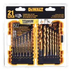 General-purpose high-speed steel drill bit set with titanium nitride coating for heat resistance and extended tool life. Includes 21 bits from 1/16" to 1/2" in 1/64" increments, featuring a 135° split-point tip to reduce walking for accurate starts. Suitable for drilling in metal, wood, and plastic. Supplied in a ToughCase®+ storage case.