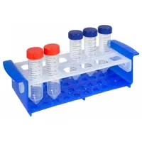This polypropylene test tube rack holds six 30 mm diameter tubes. It is designed for benchtop use in laboratory settings for sample storage, processing, and transport. The rack measures 4 1/4 in wide, 3 in high, and 12 1/4 in long, with a blue/natural color