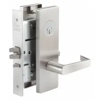 This privacy lever lockset is designed for interior doors requiring locking from the inside, such as bathrooms or bedrooms. It features a Philadelphia style lever in satin stainless steel, is ADA compliant, and includes a Large Format Interchangeable Core (LFIC). The lockset is classified under ANSI function F22 and has no visual indicator message