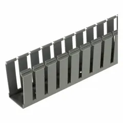 Screw-mount slotted wiring duct base with 2 in nominal width and height. Features wide slot wall type with 1.1 in slot height and 0.3 in slot width. Made of lead-free PVC in gray, 72 in length. Designed for use with snap-on covers to organize and route wiring in control panels and electrical enclosures.