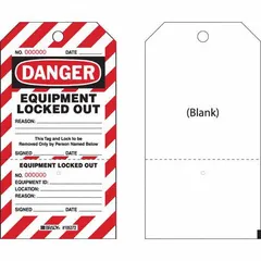 Paper danger tag for lockout/tagout procedures. Features a write-on surface and printed English text reading 'Danger: Equipment Lockout Out'. Used to warn personnel of hazardous energy sources during equipment maintenance.