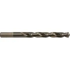 This 1/4" diameter jobber-length drill bit features a straw/bronze cobalt finish and a hex shank for secure chuck grip. The 135° split point reduces walking and requires less thrust, making it suitable for drilling hard metals in general industrial metalworking and maintenance applications.