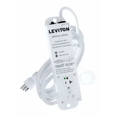 This LEVITON surge protector outlet strip is designed for healthcare environments, featuring 2 outlets, a 15 ft cord, and a 644 J surge energy rating. It supports 20 A current and uses a 5-15P plug. The white unit mounts securely with screws, suitable for use in medical facilities to protect sensitive equipment from power surges.