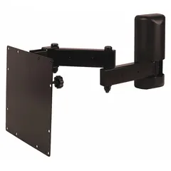 This steel wall mount with black powder-coated finish supports 25 to 32 inch flat-panel displays up to 50 lb. It provides 240° swivel and 5° upward tilt for flexible viewing angles. Mounting hardware is included. Suitable for home theater, conference room, or retail display installations.