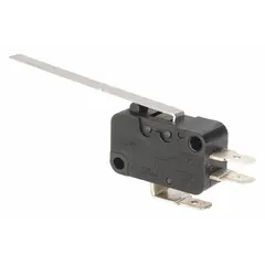 This snap-action switch features a hinge lever actuator and SPDT contact configuration. It is rated for 10 A at 240 V AC and connects via quick-connect terminals. Typical applications include position sensing and limit switching in industrial equipment, conveyors, and HVAC systems.