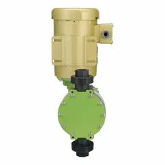 Heavy-duty motor-driven diaphragm metering pump with 1 hp electric motor, PVDF head, PTFE diaphragm and seals, and ceramic check balls. Reproducibility ±2.0%. Operates on 115/230V AC. Suitable for precise chemical dosing in industrial water treatment and chemical processing applications.