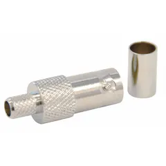 Female BNC connector with silver finish, designed for crimp-on (3 piece) termination. Suitable for terminating coaxial cables in RF signal applications. Sold in a pack of 10.