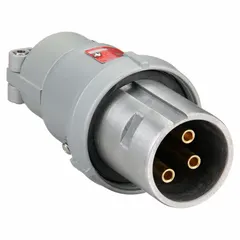 Gray watertight pin and sleeve plug rated 600V AC, three-phase, 60 A, with 4 poles and 3 wires. Suitable for industrial power connections in environments requiring protection against moisture and dust.