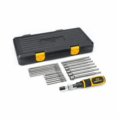 This adjustable torque bit screwdriver features a #2 tip size and accommodates multiple bit sizes: #1, 1/2 in, 1/4 in, #2, 3/16 in, 3/8 in, 5/16 in, and 7/16 in. It includes a release mechanism for quick bit changes. Used for precision fastening applications requiring controlled torque.