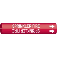Red snap-on pipe marker with white legend reading 'Sprinkler Fire' and directional arrows. Fits pipe outer diameters from 2-1/2 to 3-7/8 inches. Used to identify fire suppression piping in commercial and industrial facilities, aiding quick location of sprinkler lines.