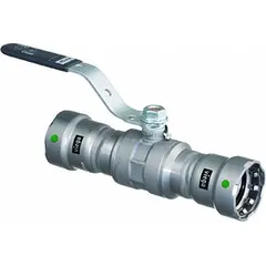 This carbon steel ball valve features a straight body with Press x Press connections for fast, leak-free installation without threading or welding. The locking lever handle provides secure manual on/off flow control. Suitable for industrial piping systems requiring reliable shutoff.