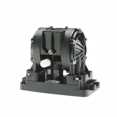 This air-operated double-diaphragm pump features an acetal housing with 1/4 in NPT connections and a 5 gpm flow rate. It is equipped with a Santoprene diaphragm, acetal seat, and Santoprene check valves, suitable for transferring fluids in industrial applications.